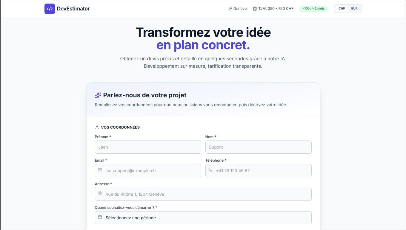 interface utilisateur de l'application web "Estimateur Intelligent". L'image montre un formulaire interactif multi-étapes permettant aux utilisateurs d'obtenir une estimation tarifaire en ligne.