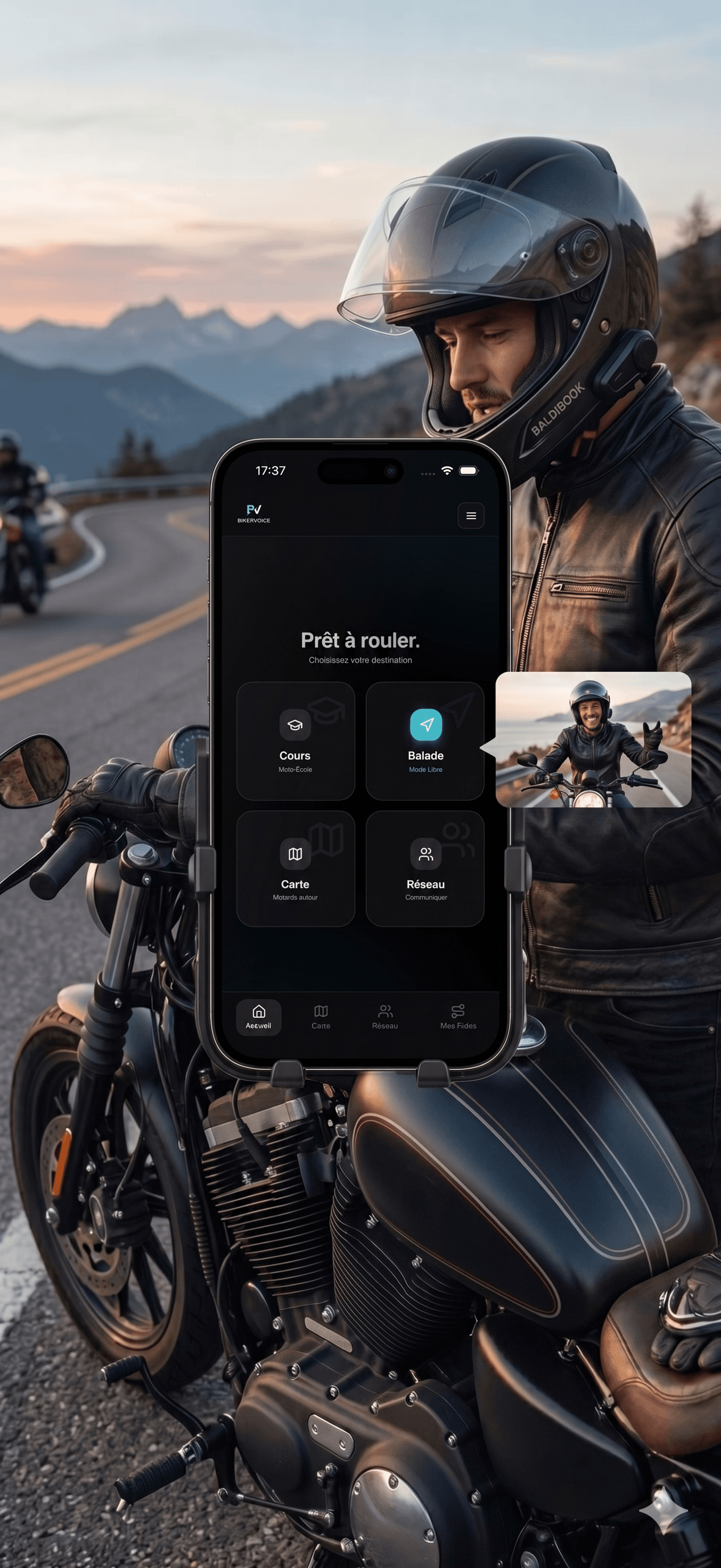 Application mobile Bikervoice pour motards - Écran d'accueil avec accès aux cours de moto-école, balades en mode libre, carte des motards à proximité et réseau social de communication