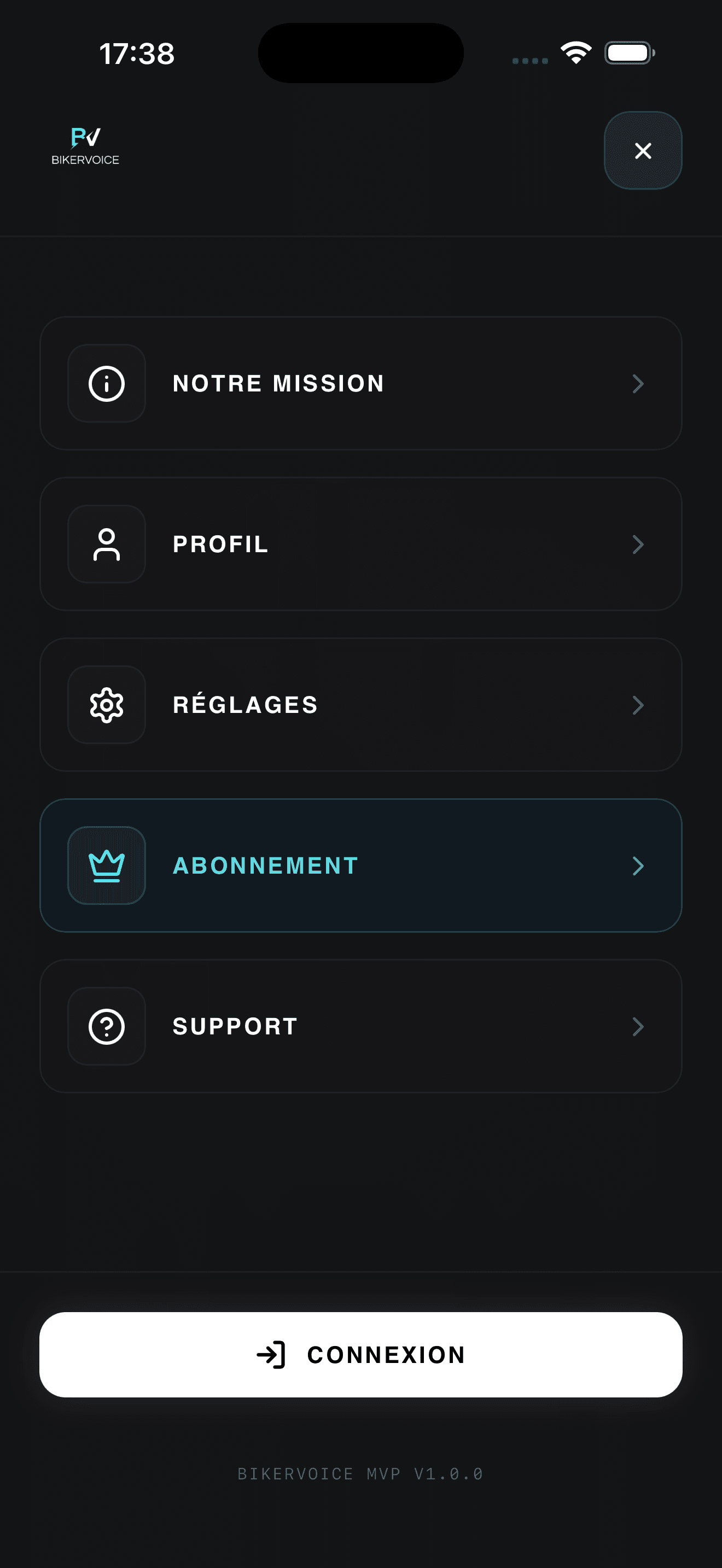 Bikervoice - Menu latéral avec navigation vers Notre Mission, Profil, Réglages, Abonnement premium, Support et Connexion